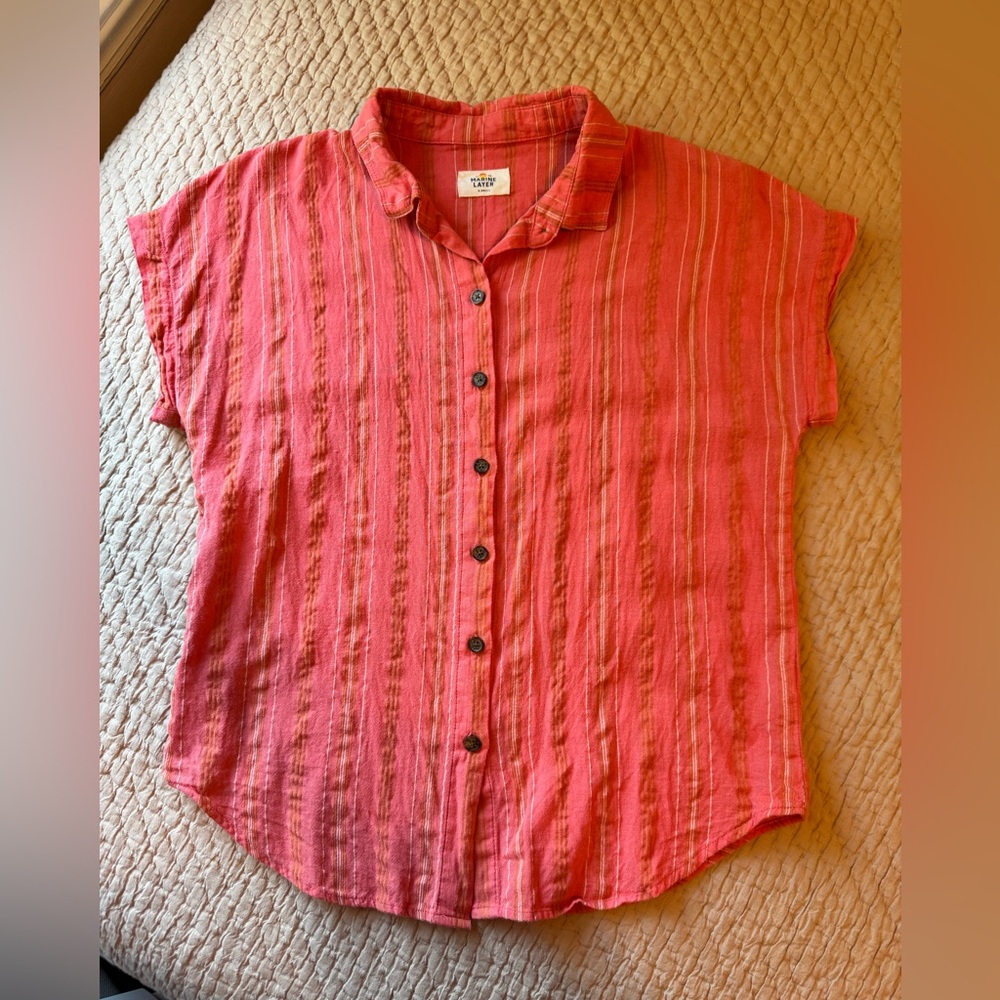 Marine Layer Dana Stripe Short Sleeve Button-Up Shirt in Coral, XS